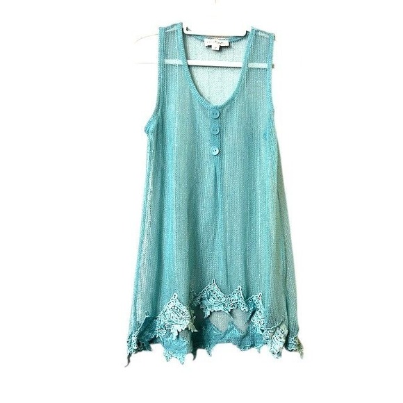 Simply Noelle Tops - Simply Noelle Swim Coverup S/M Aqua Blue Sheer Lace Trim Summer Coquette
